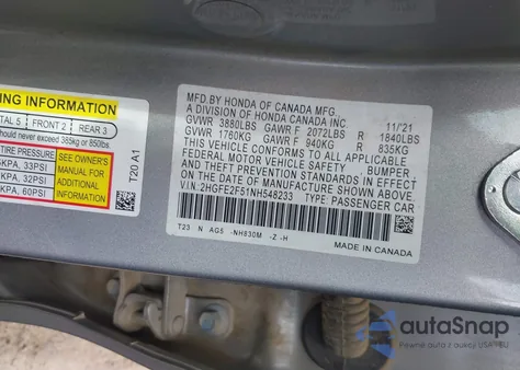 2022 Honda Civic Sport from USA, damaged, VIN 2HGFE2F51NH548233